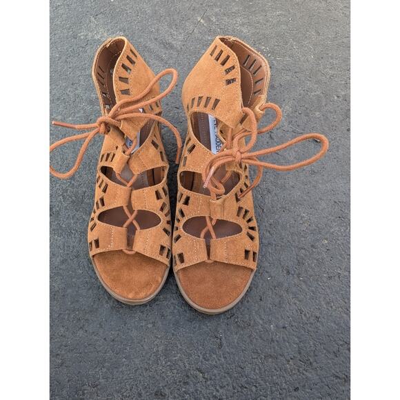 Steve Madden Morocco Leather Gladiator Low Block Heel Lace Up Cut Out Sandals 7 - Picture 1 of 7